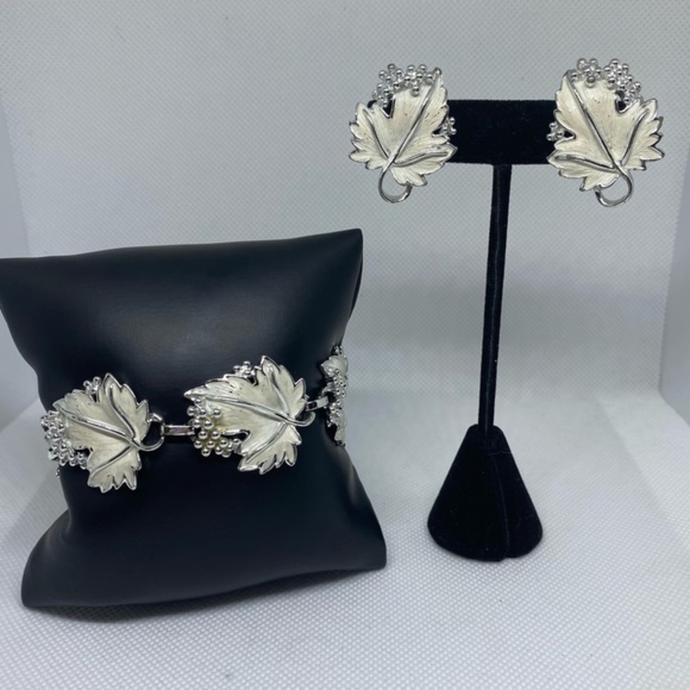 Sarah Coventry White Enamel Leaf Earrings & Bracelet